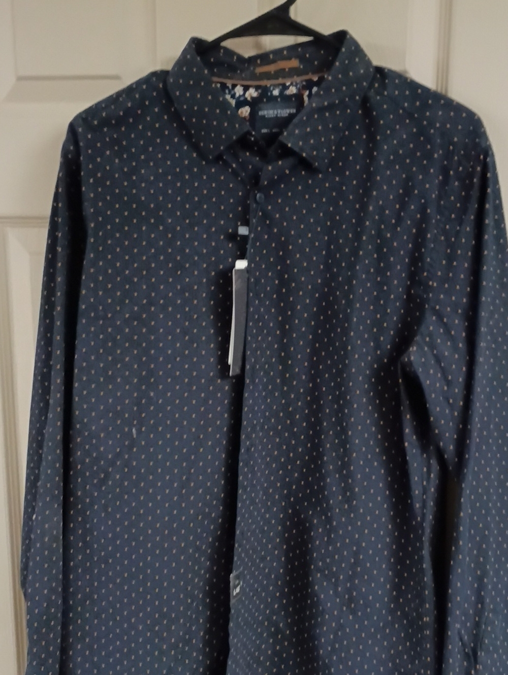 Denim & Flower Navy Button-Up Shirt with Tiny Tan Dots